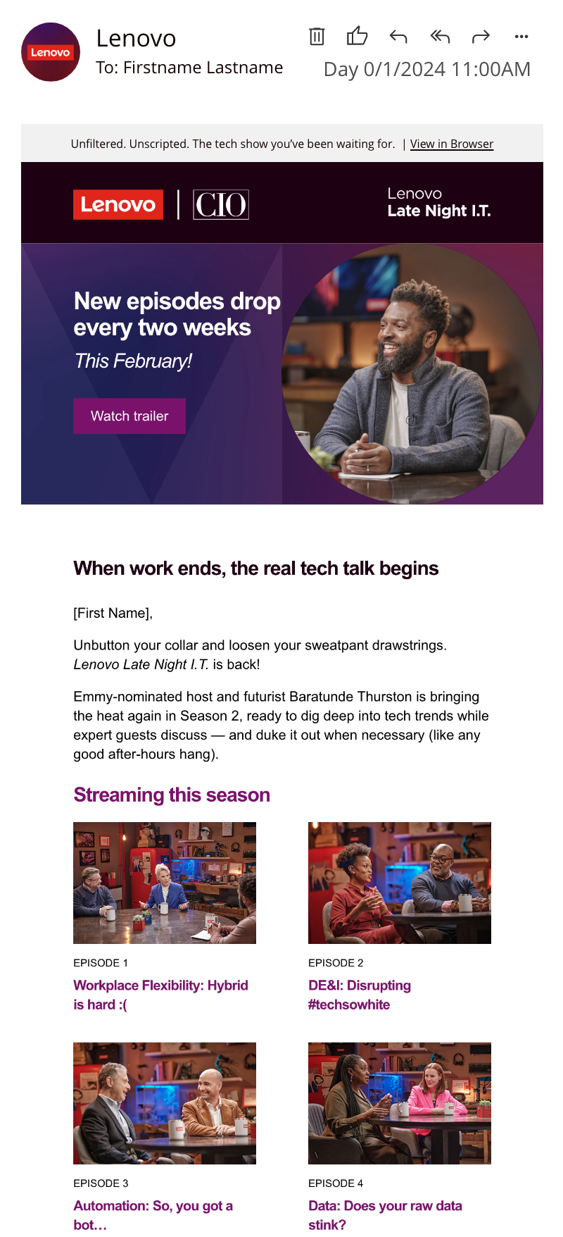 Lenovo Late Night I.T. promo email example.