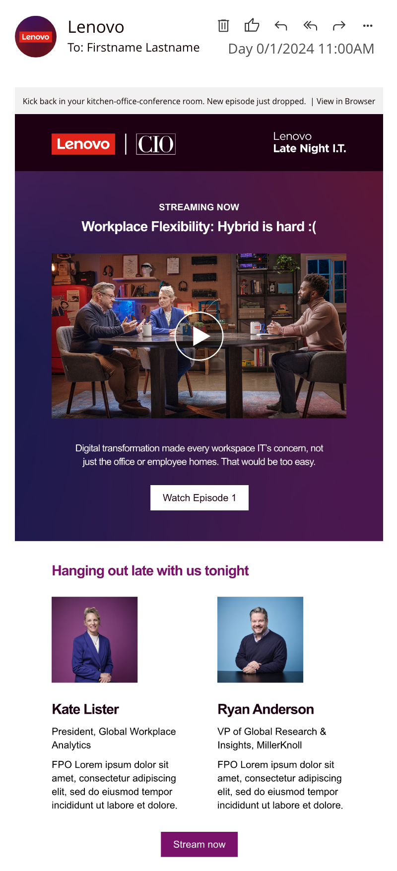 Lenovo Late Night I.T. episode email example.