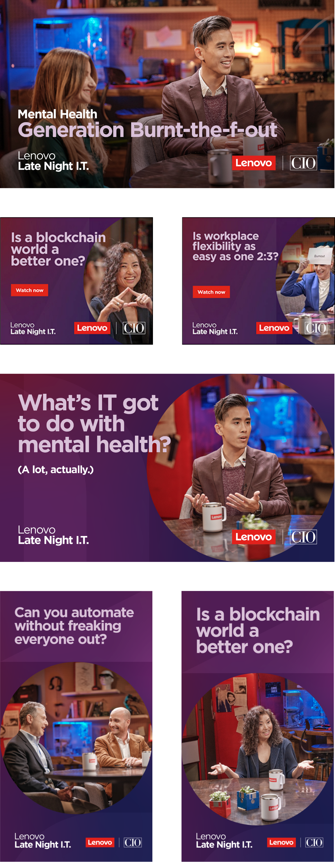 Collage 1 of Lenovo Late Night I.T. episode ads.