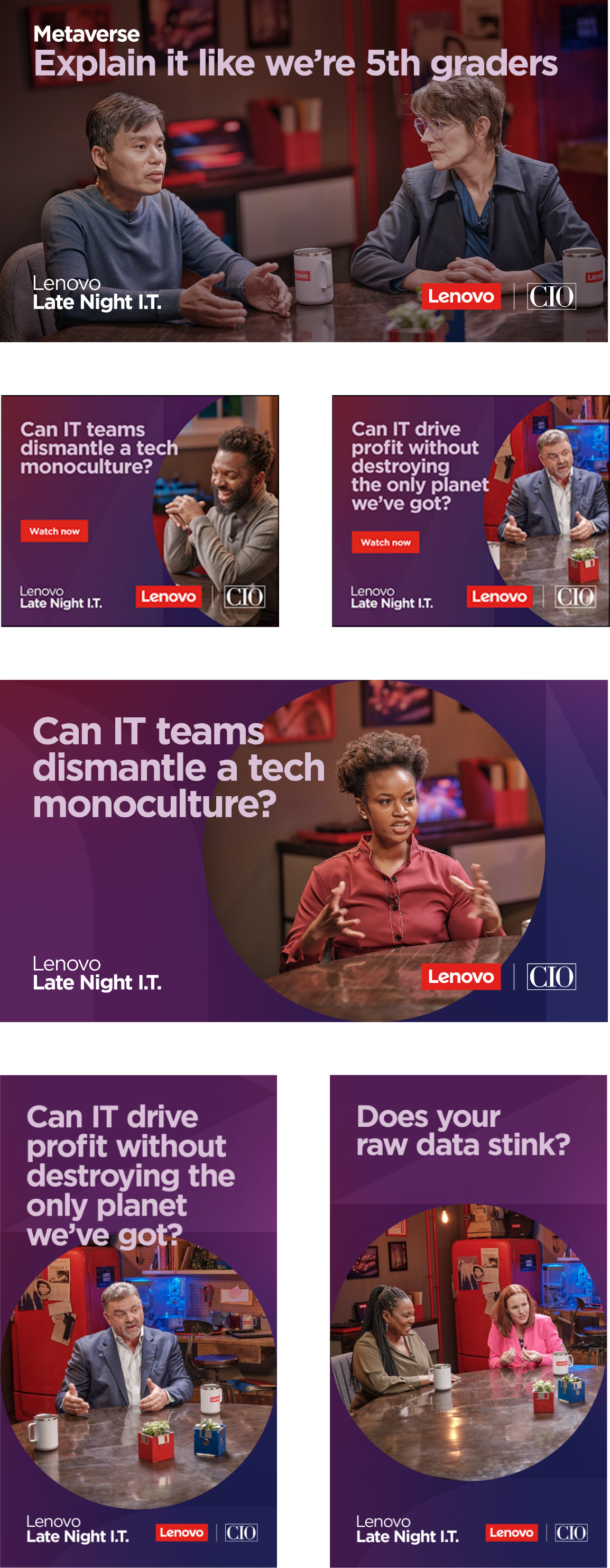 Collage 2 of Lenovo Late Night I.T. episode ads.