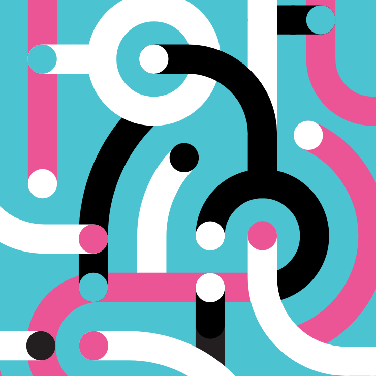 Abstract composition of pink, white and black lines in a circular pattern.