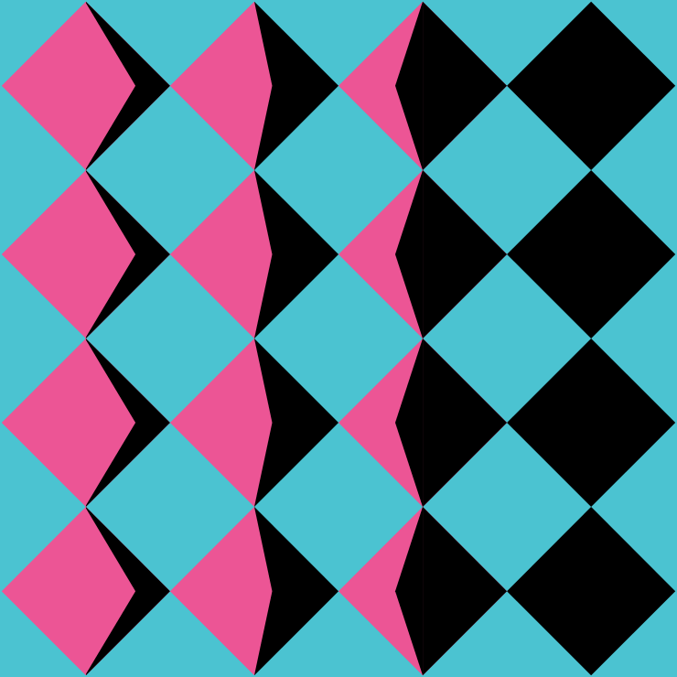 Abstract composition of pink and black shapes in a diamond pattern.