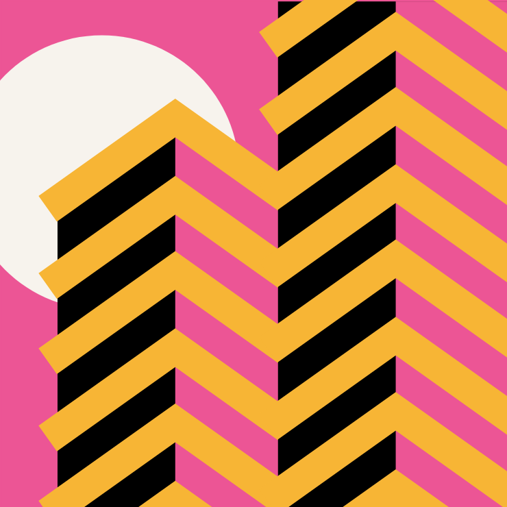Abstract composition of pink and yellow shapes in a zigzag striped pattern.