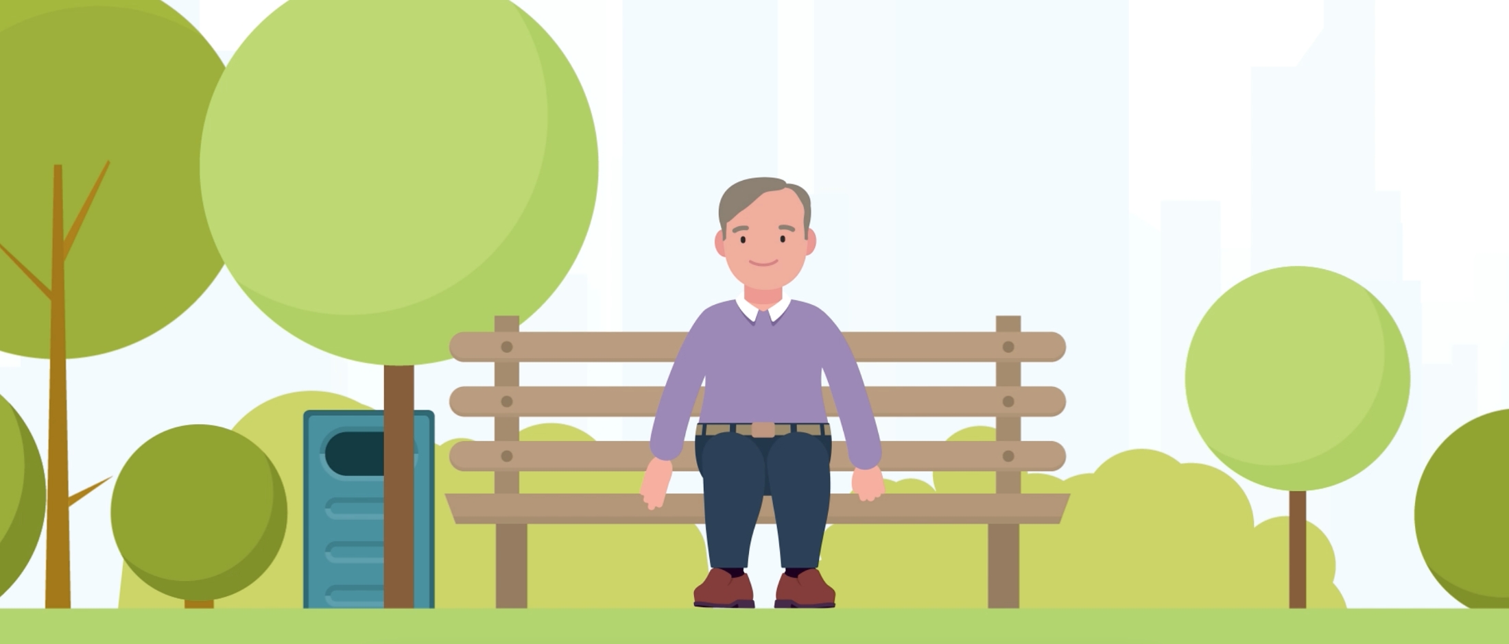 Illustration of man sitting on bench at a park.