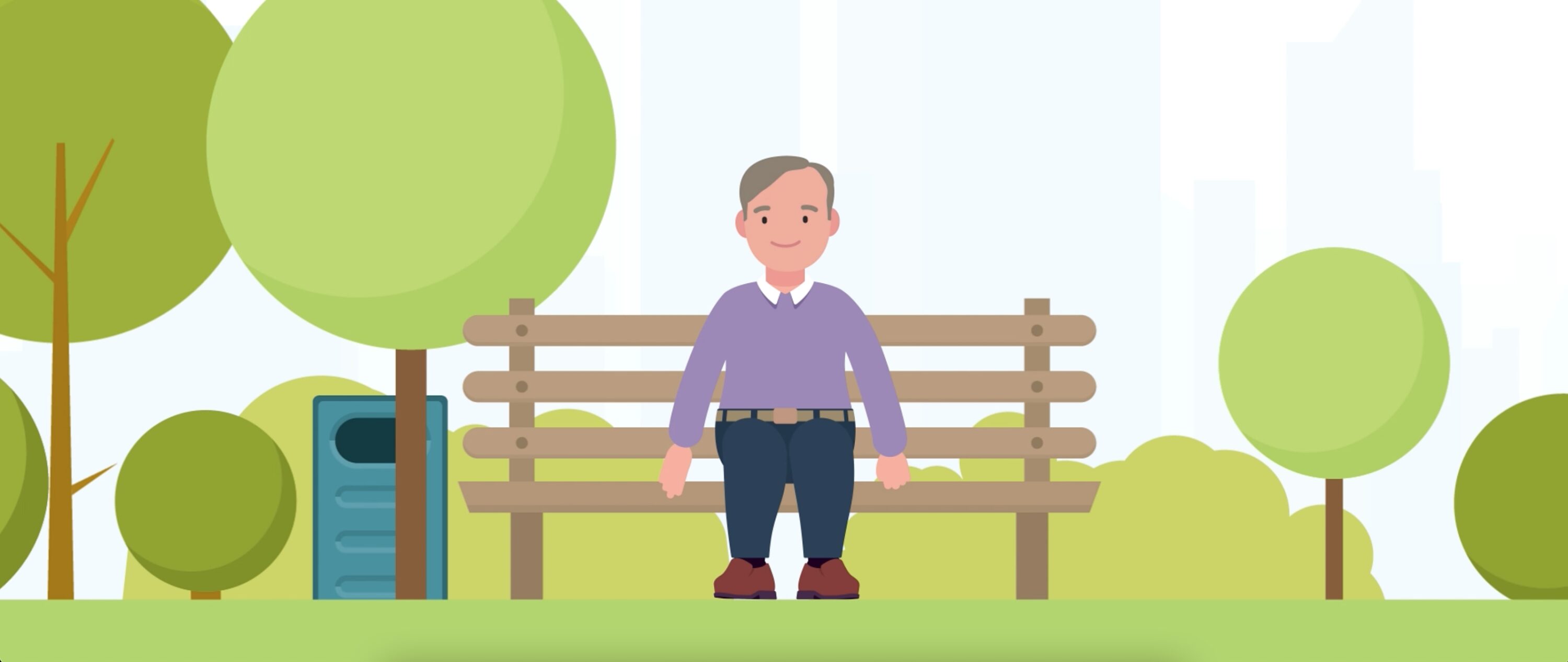 Illustration of man sitting on bench at a park.