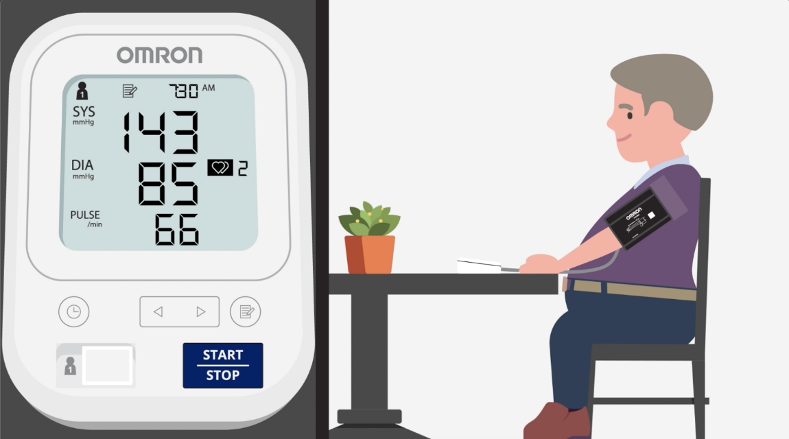 Illustration of Omron monitor and scene of patient at table.