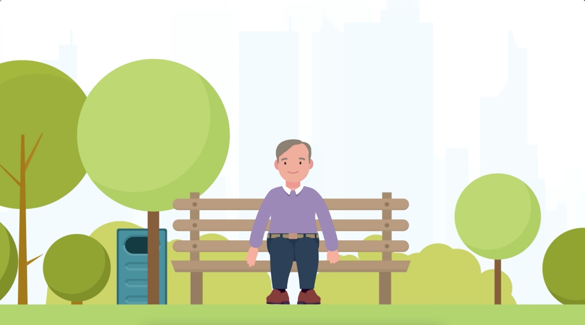 Illustration of man sitting on bench at a park.