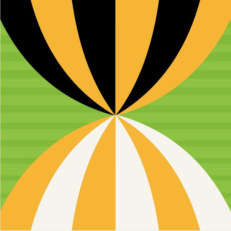 Abstract composition of yellow, white and black lines in an hourglass shape over a green striped background.